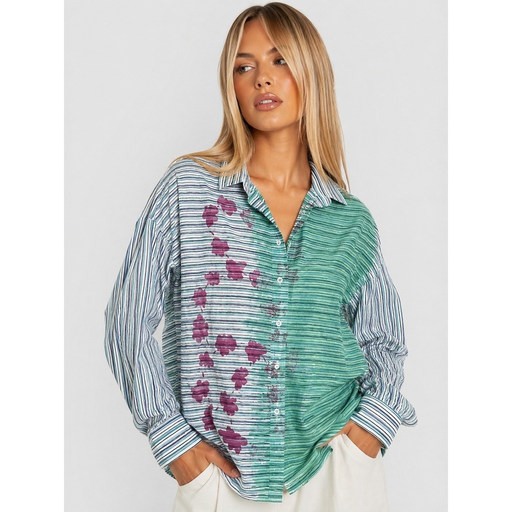 Alessandro‎ Gherardeschi Italy Striped Floral Mixed Media 100% Cotton Shirt XL